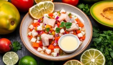 A close-up of a freshly prepared ceviche with leche de tigre, garnished with herbs and served in a bowl, ready to enjoy as a delicious Peruvian dish.