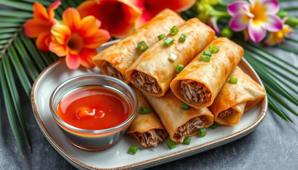 A beautifully plated dish of Hawaiian kalua pork egg rolls, showcasing crispy golden-brown egg rolls filled with succulent shredded pork, garnished with fresh green onions and served with a vibrant dipping sauce, surrounded by tropical elements like palm leaves and colorful flowers, realistic food styling, Daily Recipes Hub.