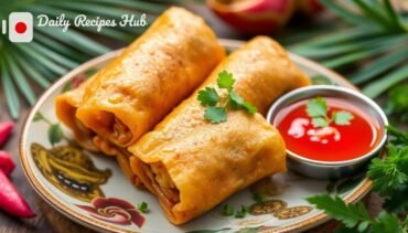 "Realistic close-up of delicious Hawaiian kalua pork egg rolls, golden brown and crispy, served on a beautiful plate with a side of vibrant dipping sauce, garnished with fresh herbs. The scene includes tropical elements to reflect Hawaiian culture. Daily Recipes Hub."