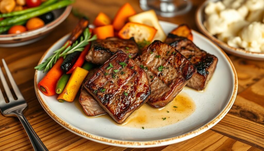 A beautifully arranged plate of venison cube steaks, perfectly seared with a golden-brown crust, garnished with fresh herbs, served alongside vibrant roasted vegetables and creamy mashed potatoes, all on a rustic wooden table setting, evoking a warm and inviting dinner atmosphere