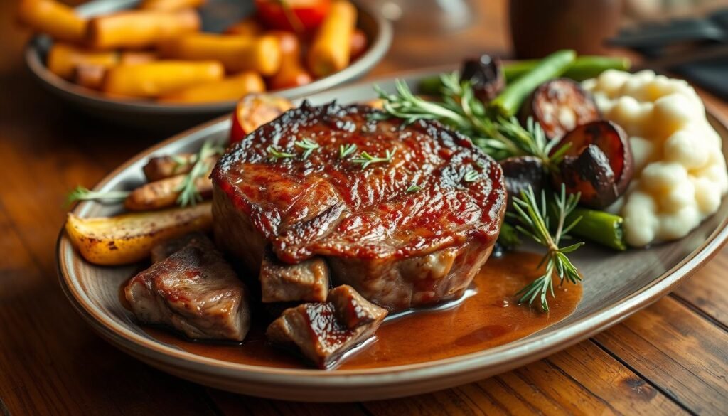 A beautifully arranged plate of venison cube steak, perfectly cooked with a rich, golden-brown crust, garnished with fresh herbs and accompanied by a side of roasted vegetables and mashed potatoes, set on a rustic wooden table, with warm, ambient lighting to enhance the appetizing colors, Daily Recipes Hub.