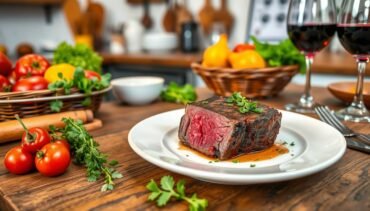 An inviting kitchen scene featuring a beautifully plated venison cube steak, garnished with fresh herbs and seasonal vegetables, highlighting the lean texture and rich color of the meat. Include elements that showcase the health benefits, like an array of colorful fruits and vegetables around, a glass of red wine, and a rustic wooden table setting. Subtle hints of nutritional charts or symbols in the background to represent healthfulness. All presented in a realistic style. Brand: Daily Recipes Hub