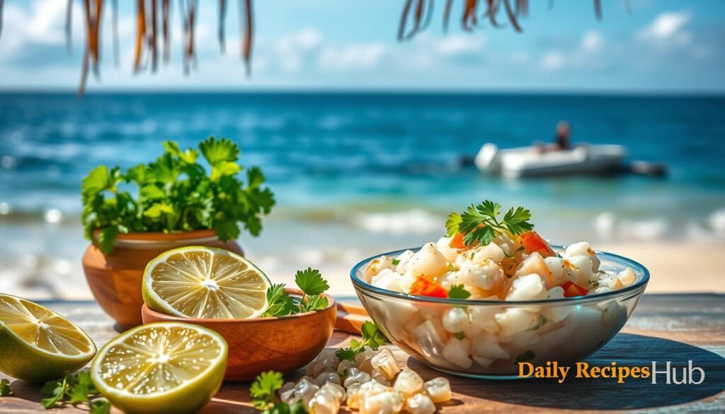 A vibrant plate of ceviche with leche de tigre served on a table, with a beautiful beach and ocean in the background, showcasing a perfect summer meal.