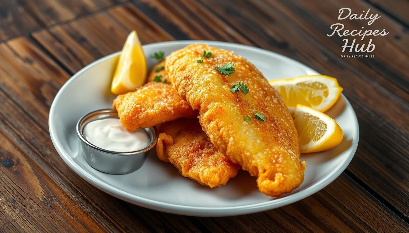 A beautifully plated dish of light and crispy fried fish, showcasing a golden brown batter with delicate bubbles, served with a side of tartar sauce and vibrant lemon wedges, on a rustic wooden table. The fish should look flaky and succulent, garnished with fresh herbs for added color, capturing the essence of Long John Silver's signature style. Include a subtle hint of the brand name "Daily Recipes Hub" through an artistic element in the background.