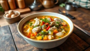 A vibrant, steaming bowl of chopt soup filled with colorful vegetables and tender chunks of chicken, garnished with fresh herbs, placed on a rustic wooden table. The background features a cozy kitchen setting with warm lighting, and a few cooking utensils scattered around.