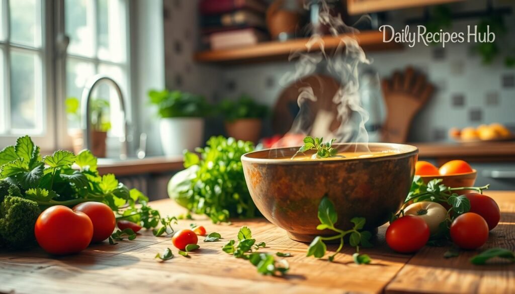 Chopt Soup Recipe A cozy kitchen setting with a steaming bowl of homemade Chopt soup, vibrant fresh vegetables and herbs scattered around, soft natural lighting filtering through a window, inviting atmosphere, rustic wooden table, Daily Recipes Hub branding subtly incorporated in the background.