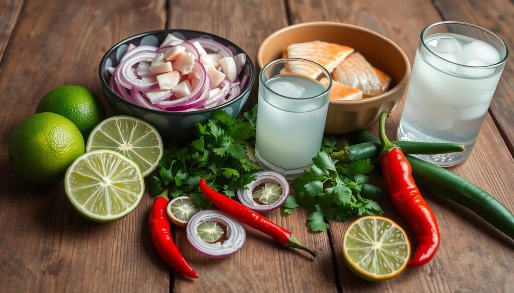 A variety of fresh ingredients for making leche de tigre, including lime, fish, herbs, and spices, neatly arranged on a countertop, ready for preparation.