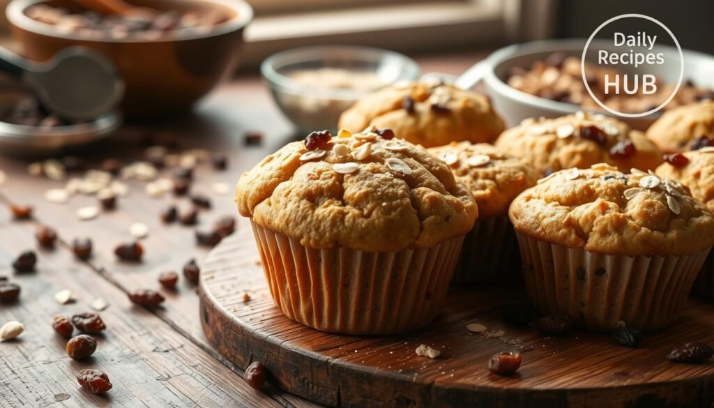 Freshly baked GAPS raisin muffins recipe on a rustic wooden table, golden brown with oats, surrounded by raisins and dough ingredients, bathed in soft natural light.