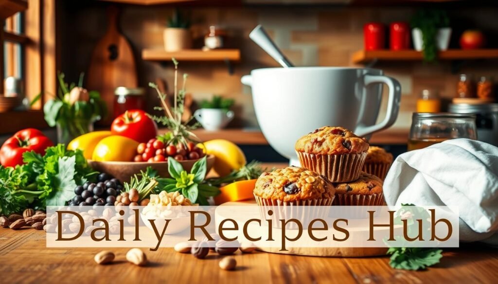 A cozy kitchen scene with fresh ingredients for GAPS raisin muffins recipe, including whole nuts, fruits, and vegetables. The batter is mixing in the background, with warm natural lighting illuminating the space.