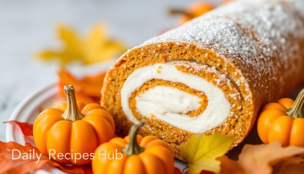 A beautifully styled Libby's Pumpkin Roll Recipe, featuring a soft, rolled sponge cake with a creamy white filling, elegantly dusted with powdered sugar, surrounded by autumn leaves and miniature pumpkins. Warm, natural lighting enhances the fall colors, realistic texture, and details, with subtle 'Daily Recipes Hub' branding in the background.