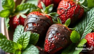 Carob Covered Strawberries Recipe - A vibrant display of carob covered strawberries surrounded by fresh green leaves, highlighting the nutritious aspects like fiber and antioxidants, with natural lighting and subtle branding of 'Daily Recipes Hub' in the background.