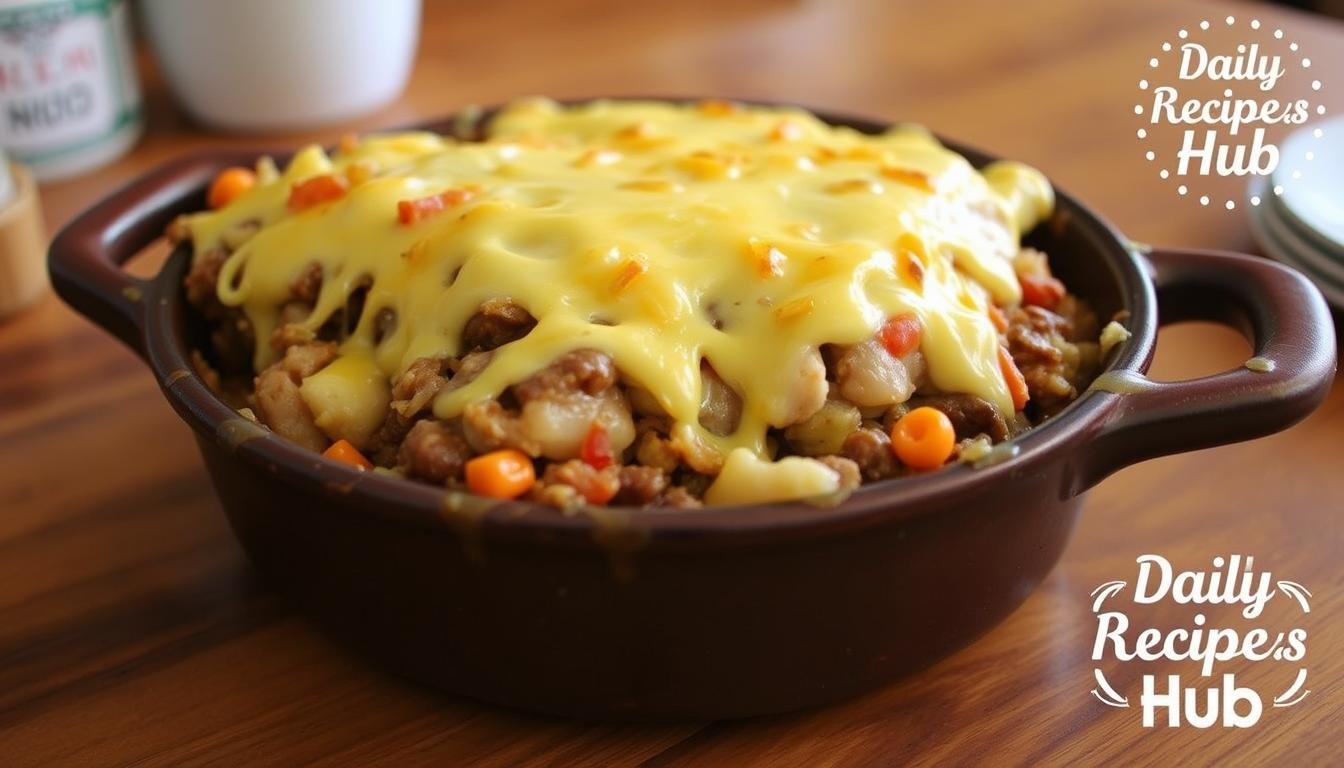 A delicious Shepherd's Pie Recipe with Velveeta Cheese, topped with creamy melted Velveeta cheese, sitting in a rustic dish. The golden-brown mashed potatoes and colorful mixed vegetables peek through, set on a wooden kitchen table. The warm and inviting atmosphere is complemented by realistic texture and lighting, with the Daily Recipes Hub logo subtly integrated in the background