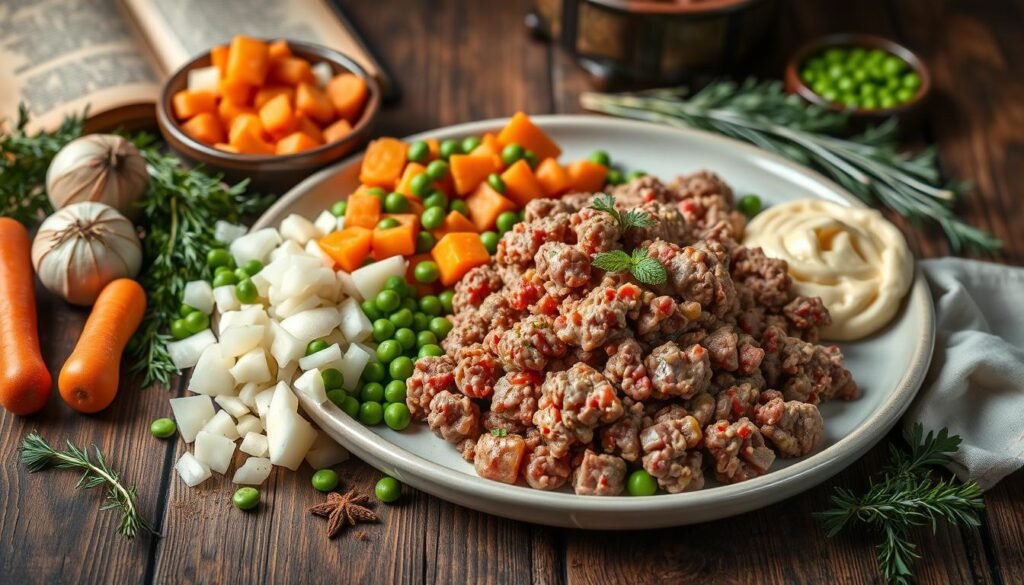 A vibrant and realistic flat lay of fresh ingredients for Shepherd's Pie Recipe with Velveeta Cheese, including ground beef, diced onions, carrots, peas, and creamy Velveeta cheese, surrounded by herbs and spices. The scene is set on a rustic wooden table, with a hint of an old-fashioned recipe book in the background, capturing the essence of comfort food with rich colors and textures. Daily Recipes Hub.