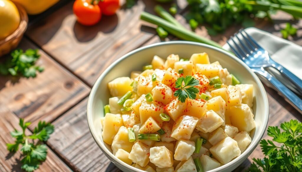 Hellmann's potato salad recipe in a bowl with diced potatoes, chopped celery, green onions, paprika, and fresh parsley, set on a rustic wooden table with fresh vegetables and utensils, perfect for summer gatherings – Daily Recipes Hub