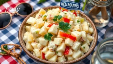 Close-up of creamy Hellmann's potato salad recipe made with Hellmann's mayonnaise, diced potatoes, chopped celery, and colorful bell peppers, garnished with fresh parsley, served in a rustic bowl on a picnic table with summer elements like sunglasses and a checkered tablecloth, featuring the brand name 'Daily Recipes Hub' subtly reflected in a nearby glass jar