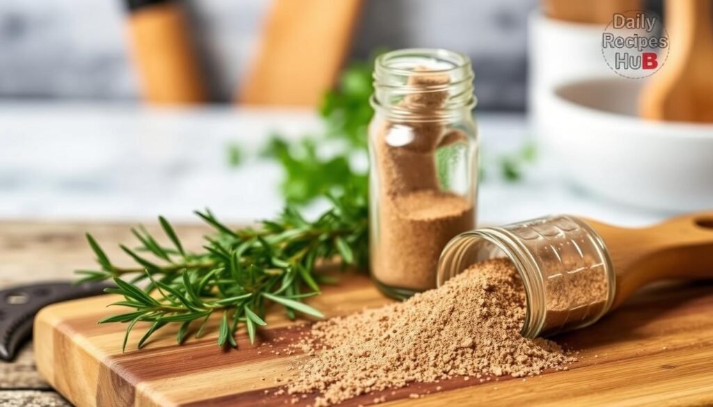 Glass jar of beef bouillon powder surrounded by fresh rosemary and thyme, with a sprinkle on a wooden cutting board, set in a rustic kitchen atmosphere