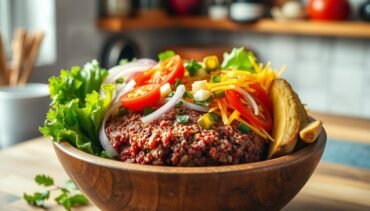 Delicious hamburger bowl topped with fresh vegetables, cheese, and a creamy sauce, ready to serve.