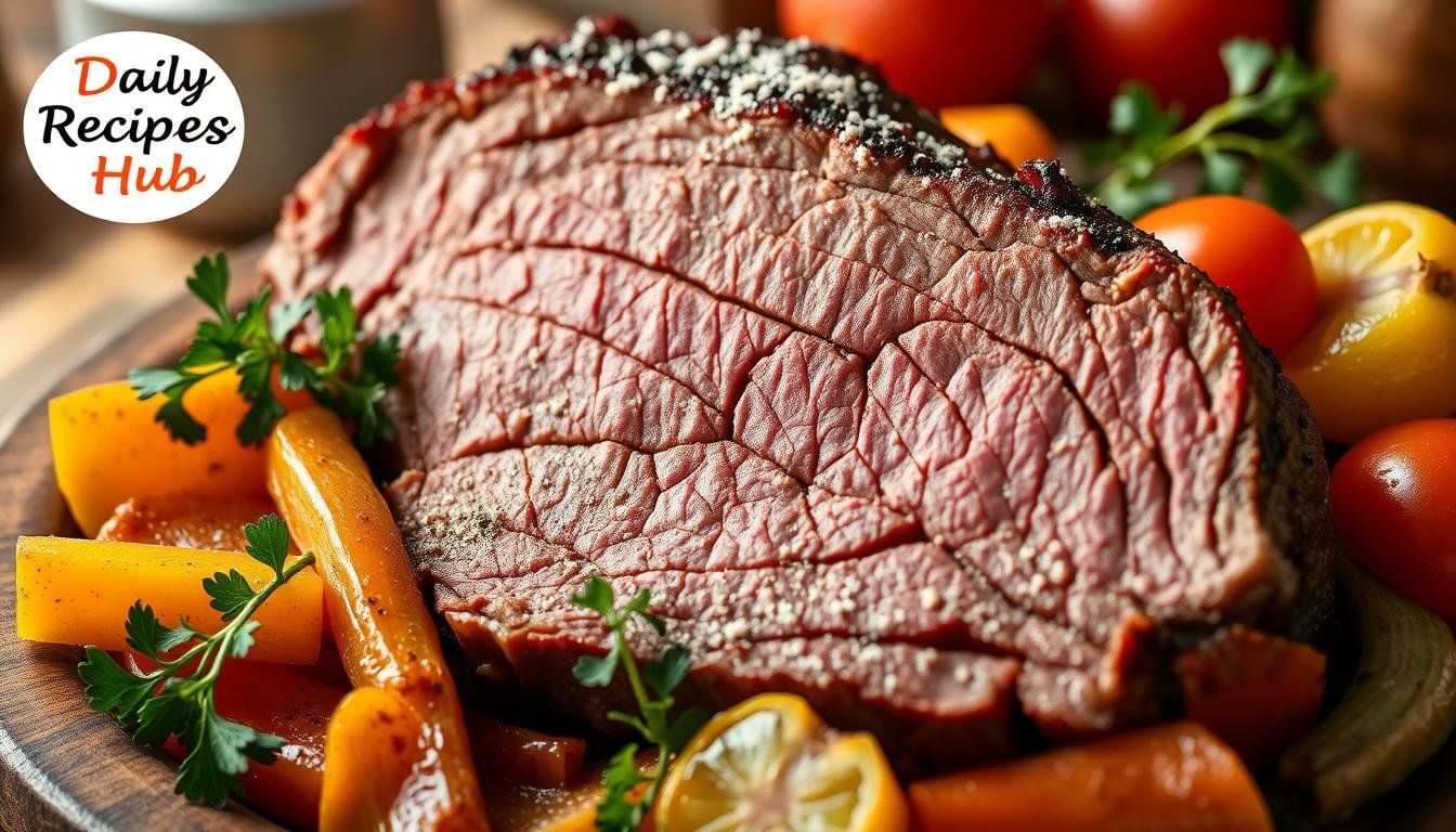 Close-up of marbled brisket sprinkled with beef bouillon powder, surrounded by vibrant vegetables and herbs, set against a rustic kitchen backdrop