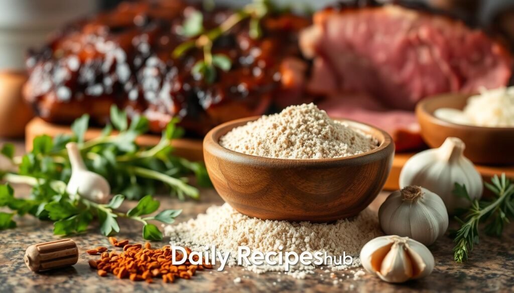 Beef bouillon powder for brisket in a rustic bowl with fresh herbs, garlic, and spices, set on a textured countertop with a succulent brisket in the background