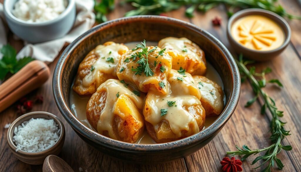 Lighthouse Inn Potatoes recipe: golden-brown baked potatoes with creamy sauce, melted cheese, and fresh herbs, served in a rustic bowl on a wooden table, surrounded by herbs and spices, Daily Recipes Hub.