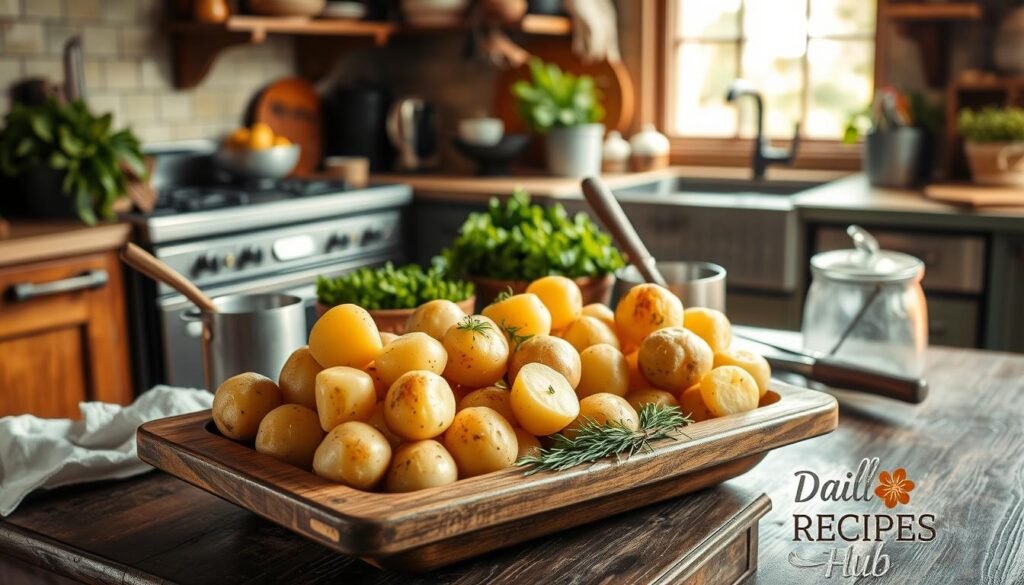 Rustic kitchen scene with vintage preparation of Lighthouse Inn Potatoes recipe, fresh potatoes, herbs, and old-fashioned utensils on a wooden table, farmhouse decor, warm lighting, Daily Recipes Hub branding