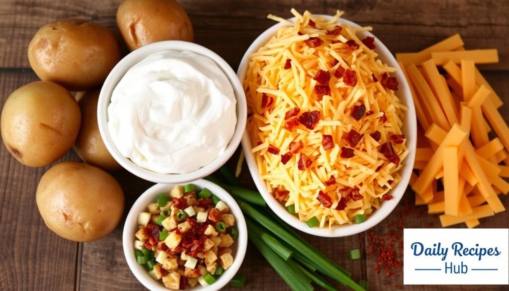 Fresh ingredients for Lighthouse Inn Potatoes recipe: golden-brown potatoes, sour cream, cheddar cheese, bacon bits, green onions, and paprika on a rustic wooden table, Daily Recipes Hub branding