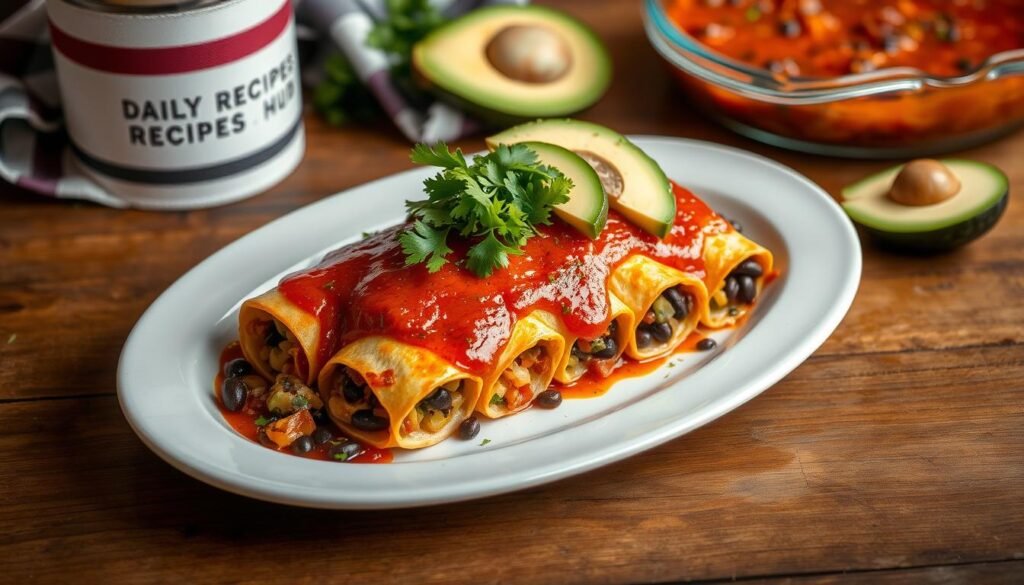 Boulders Enchilada Recipe served on a rustic wooden table, topped with red sauce, black beans, cheese, vegetables, cilantro, and avocado.