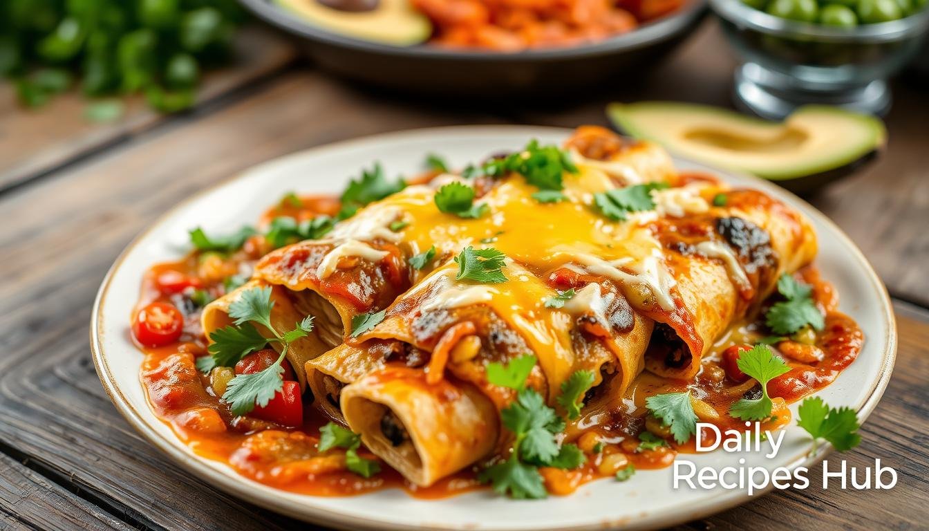 Beautifully arranged Boulders Enchilada recipe with fresh ingredients, cilantro, and avocado, served on a rustic wooden table with natural lighting, featuring Daily Recipes Hub branding.