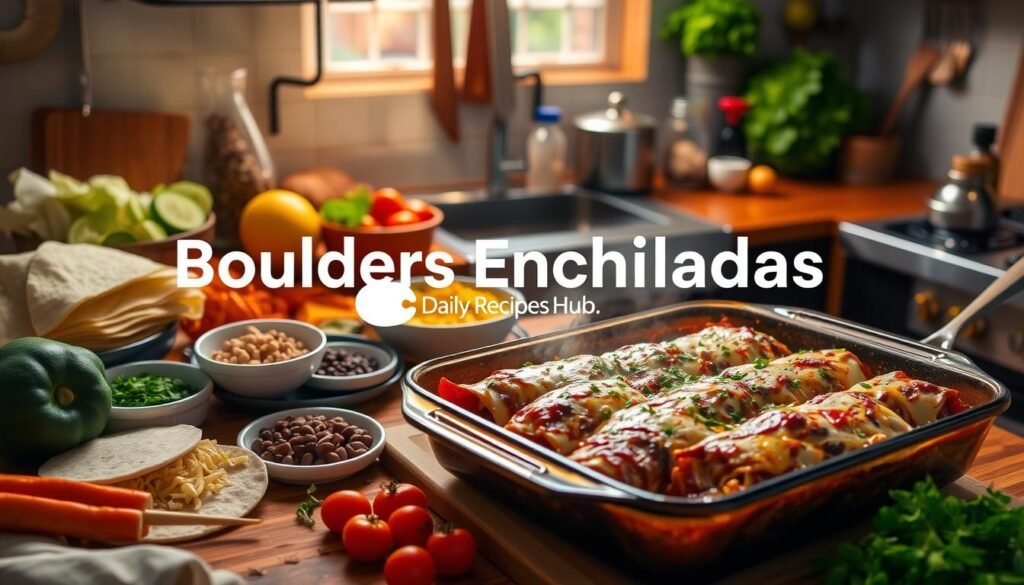 Vibrant kitchen scene with Boulders Enchilada recipe ingredients like tortillas, cheese, beans, and vegetables on a wooden countertop, sizzling in a baking dish, with Daily Recipes Hub branding.