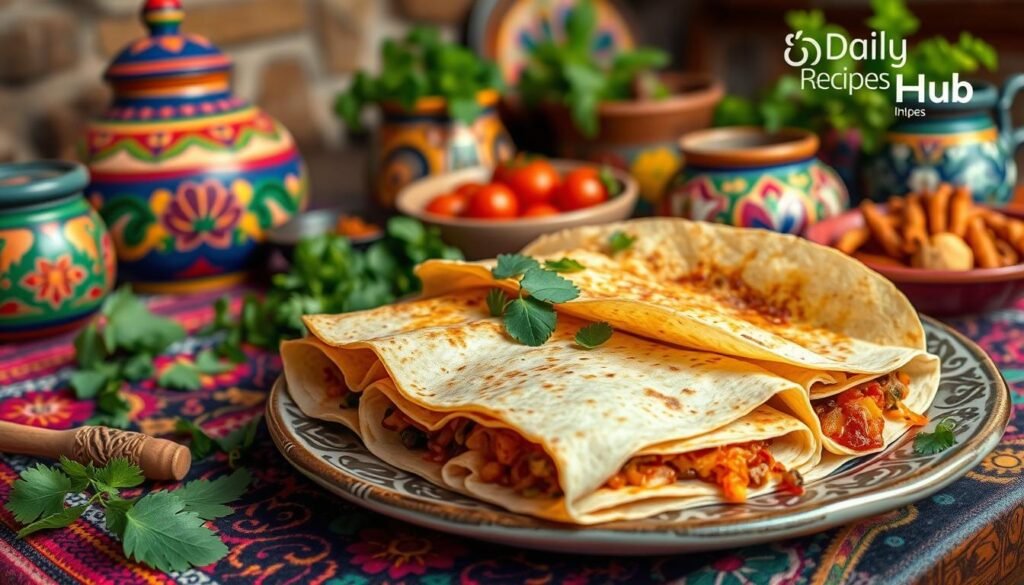 Cultural history of Boulders Enchilada recipe with traditional Mexican ingredients, tortillas, fresh herbs, and spices, set in a rustic kitchen with hand-painted pottery and colorful textiles.