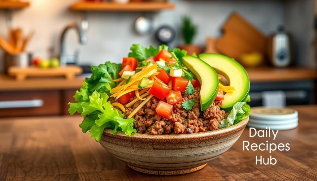 A healthy and colorful hamburger bowl filled with seasoned ground beef, roasted potatoes, and fresh toppings