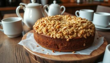 Delicious coffee cake recipe with oatmeal streusel topping, freshly baked and ready for brunch, showcasing its texture with a cozy coffee setting.