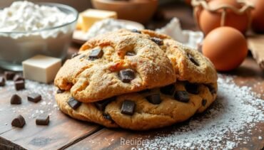 A homemade crookie recipe with golden croissant layers and chocolate chunks, surrounded by baking ingredients and dusted with powdered sugar.