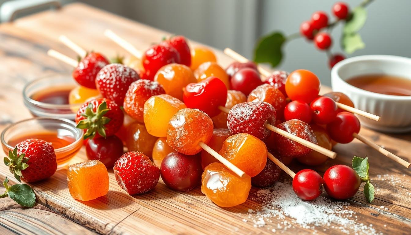 A beautifully arranged platter of tanghulu with shiny, candied fruit skewers ready to serve