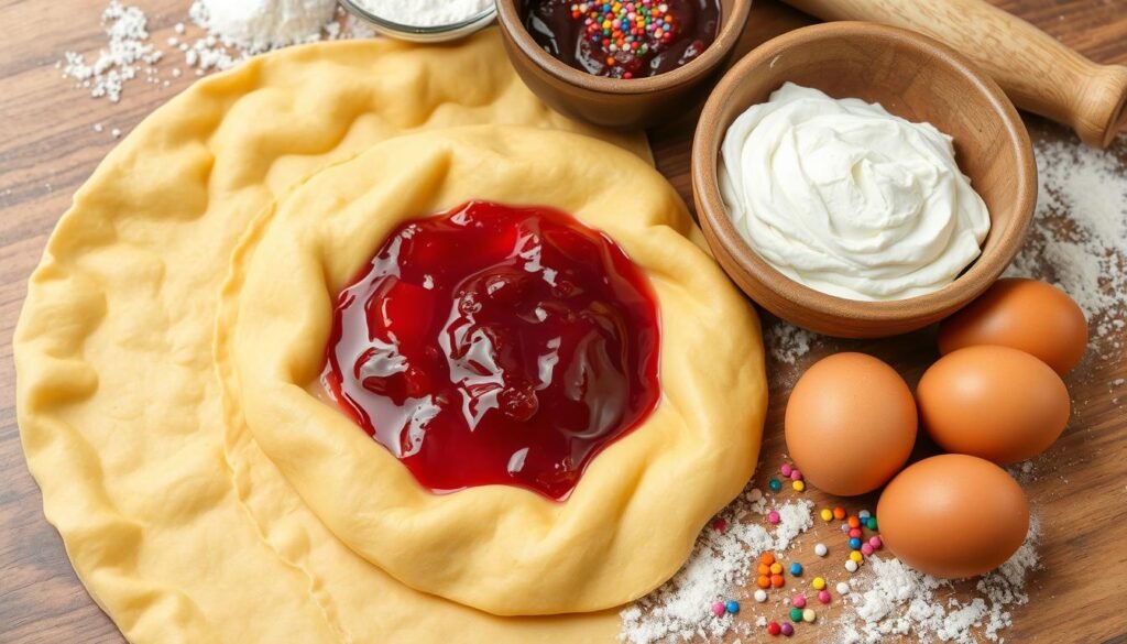 pastry with frosting and jelly filling in ring shape